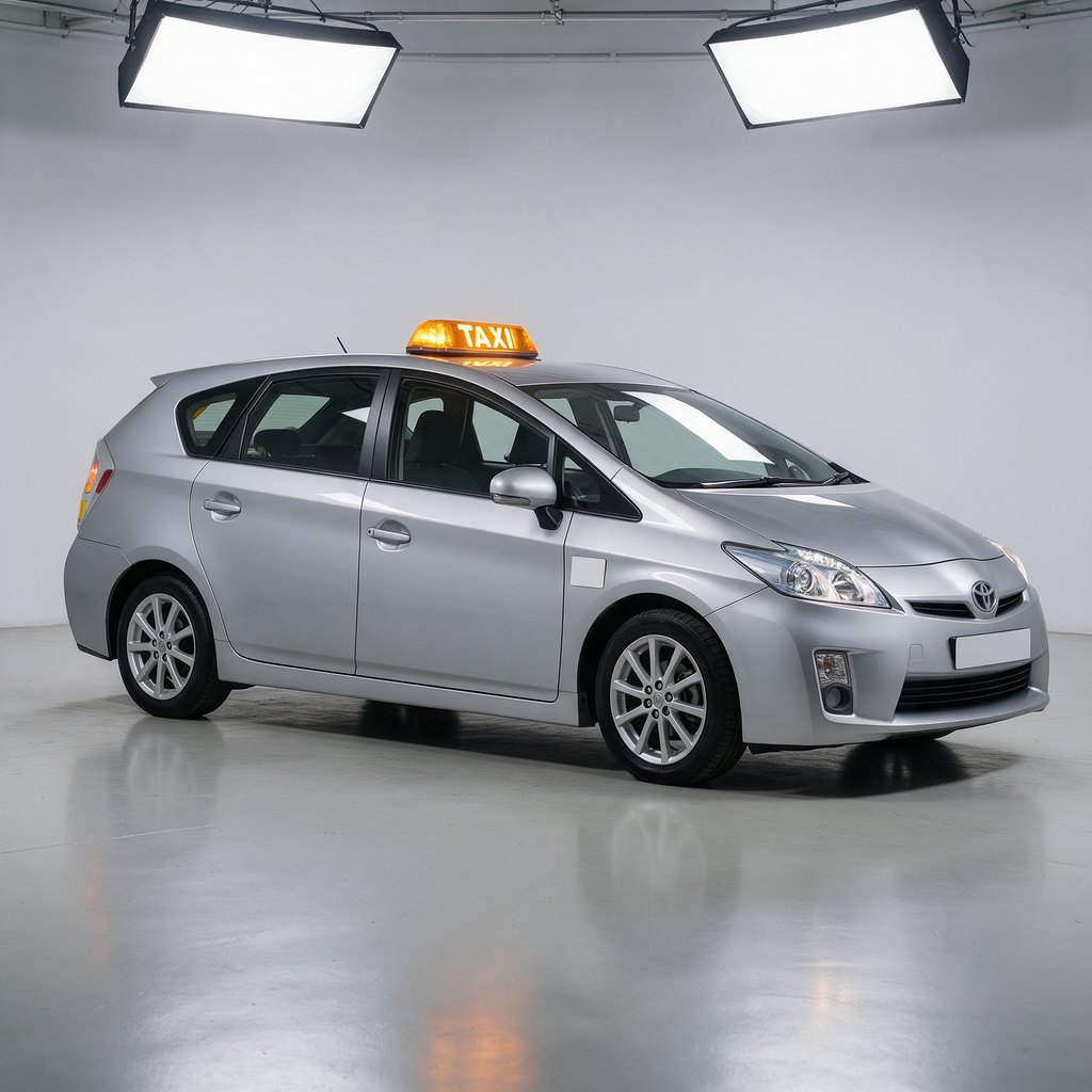 Silver older-shape Toyota Prius UK hybrid hackney taxi